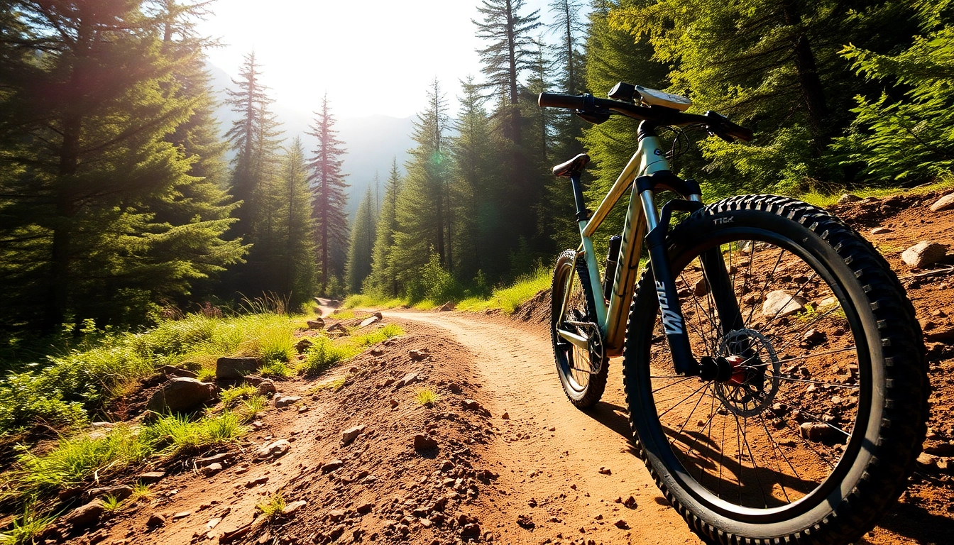 Trek bike conquering rugged mountain trail with lush greenery and bright sunlight, perfect for adventure lovers.