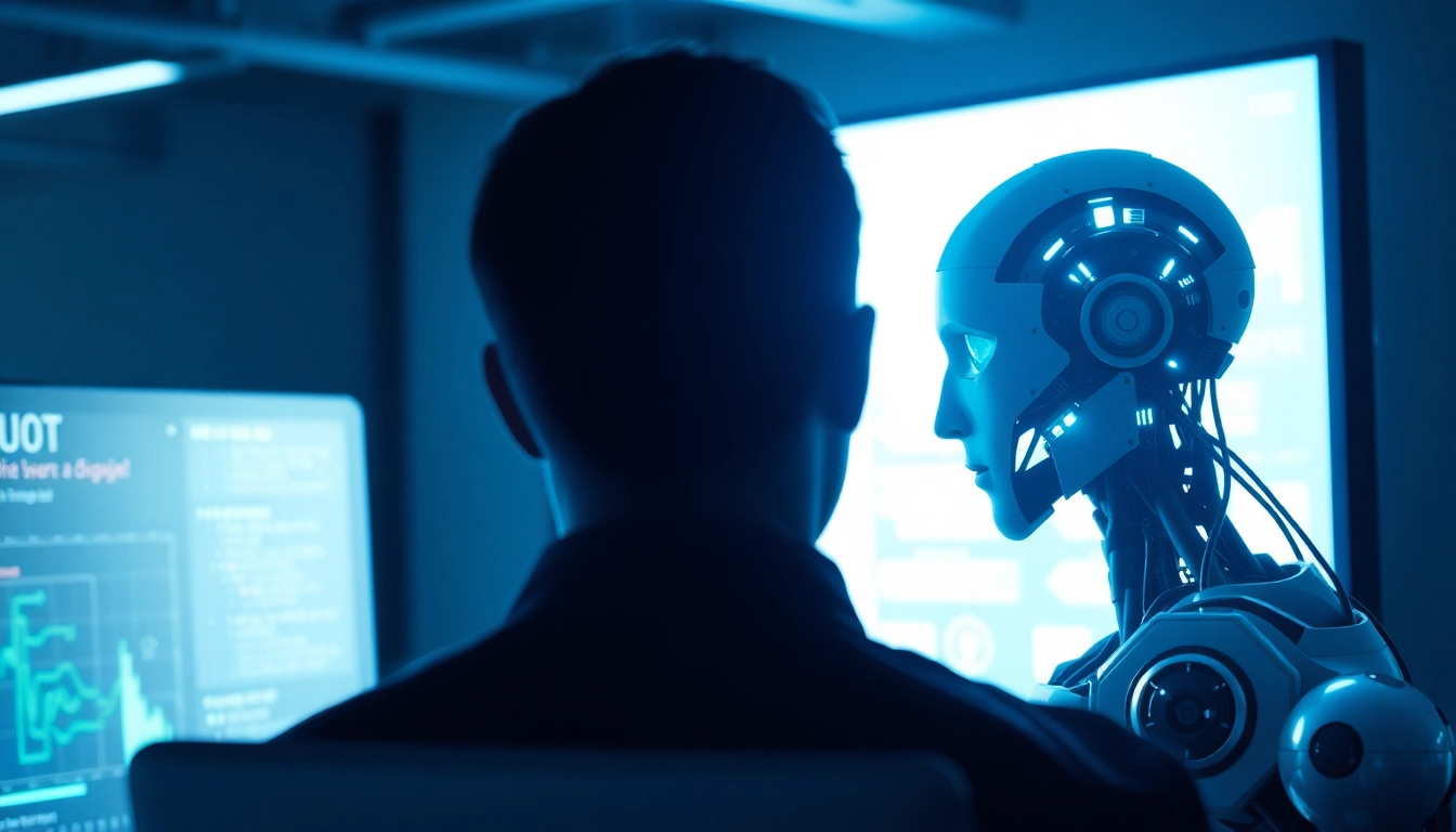 Illustration of a human versus AI face-off to test human or not discernment, featuring a person and a robot in a high-tech environment engaging with a glowing screen, emphasizing analytical thinking.