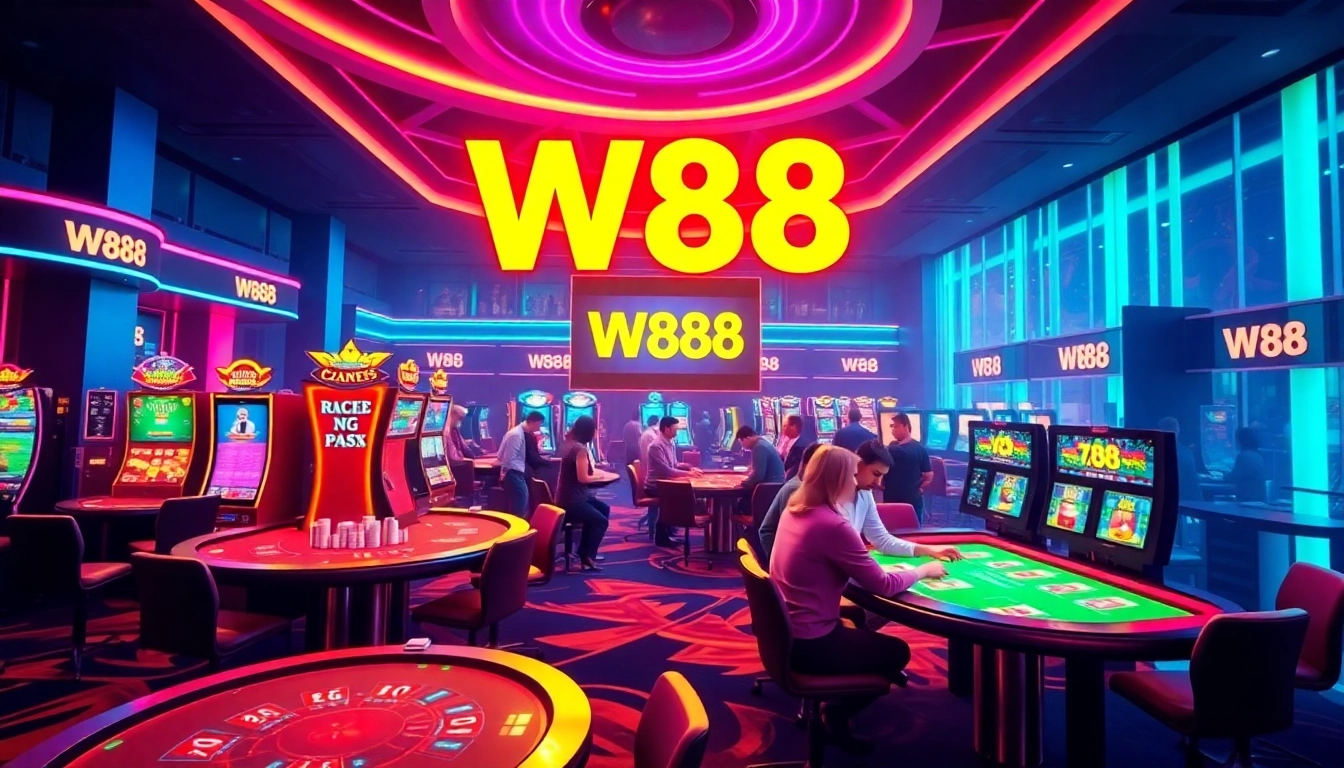 W88 online casino platform showcasing vibrant gaming environment with players engaged in live betting scenarios, emphasizing trust and excitement.