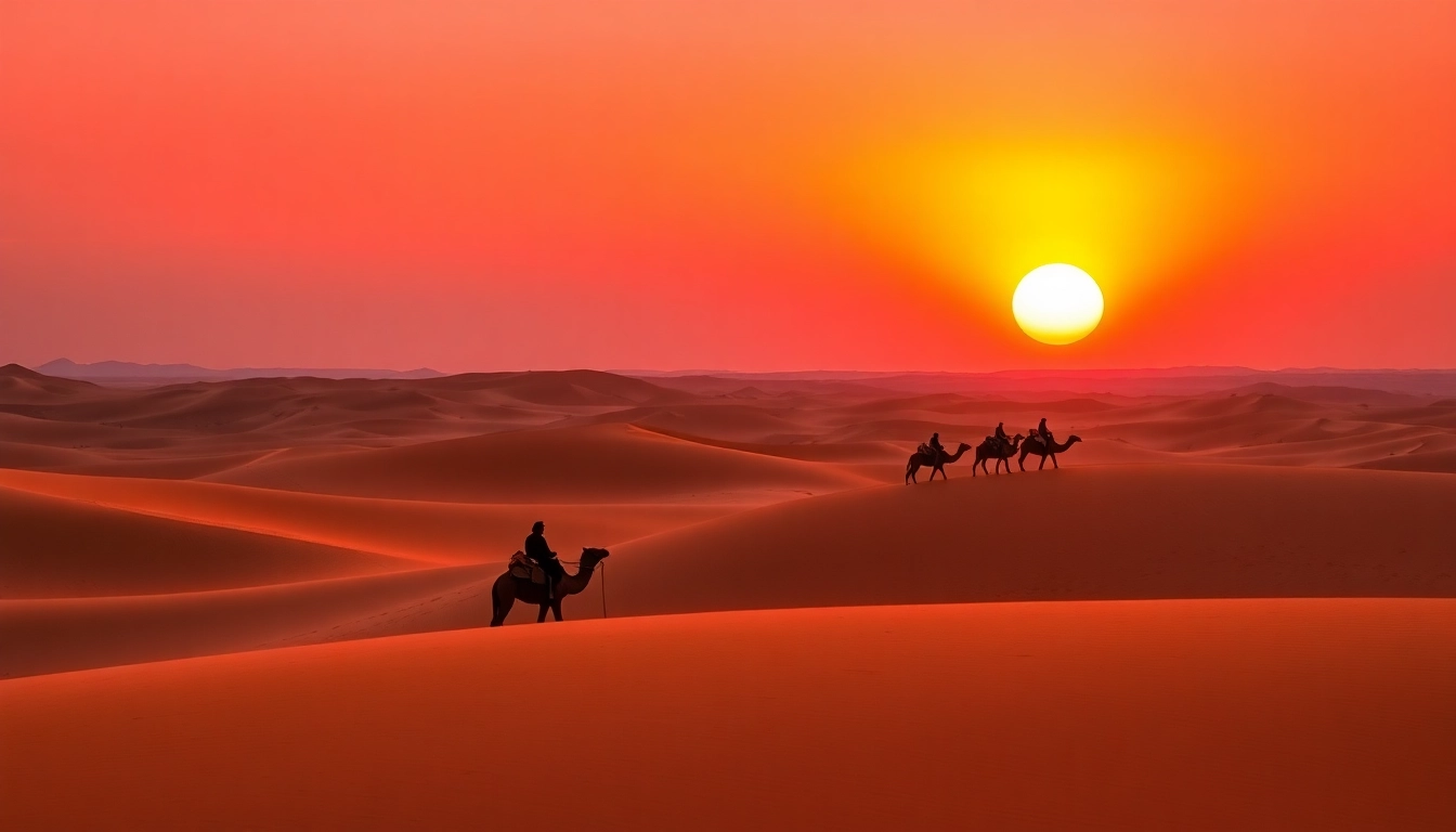 Experience a scenic camel ride during a desert tour from Marrakech with stunning Erg Chebbi dunes in the background, capturing the essence of Morocco's Sahara.