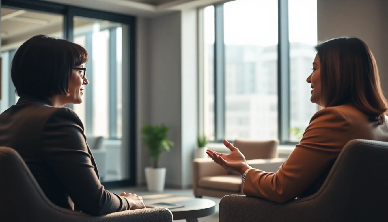 Executive Coaching session with a professional coach guiding a leader in a sleek, modern office environment to enhance leadership skills and strategic thinking.