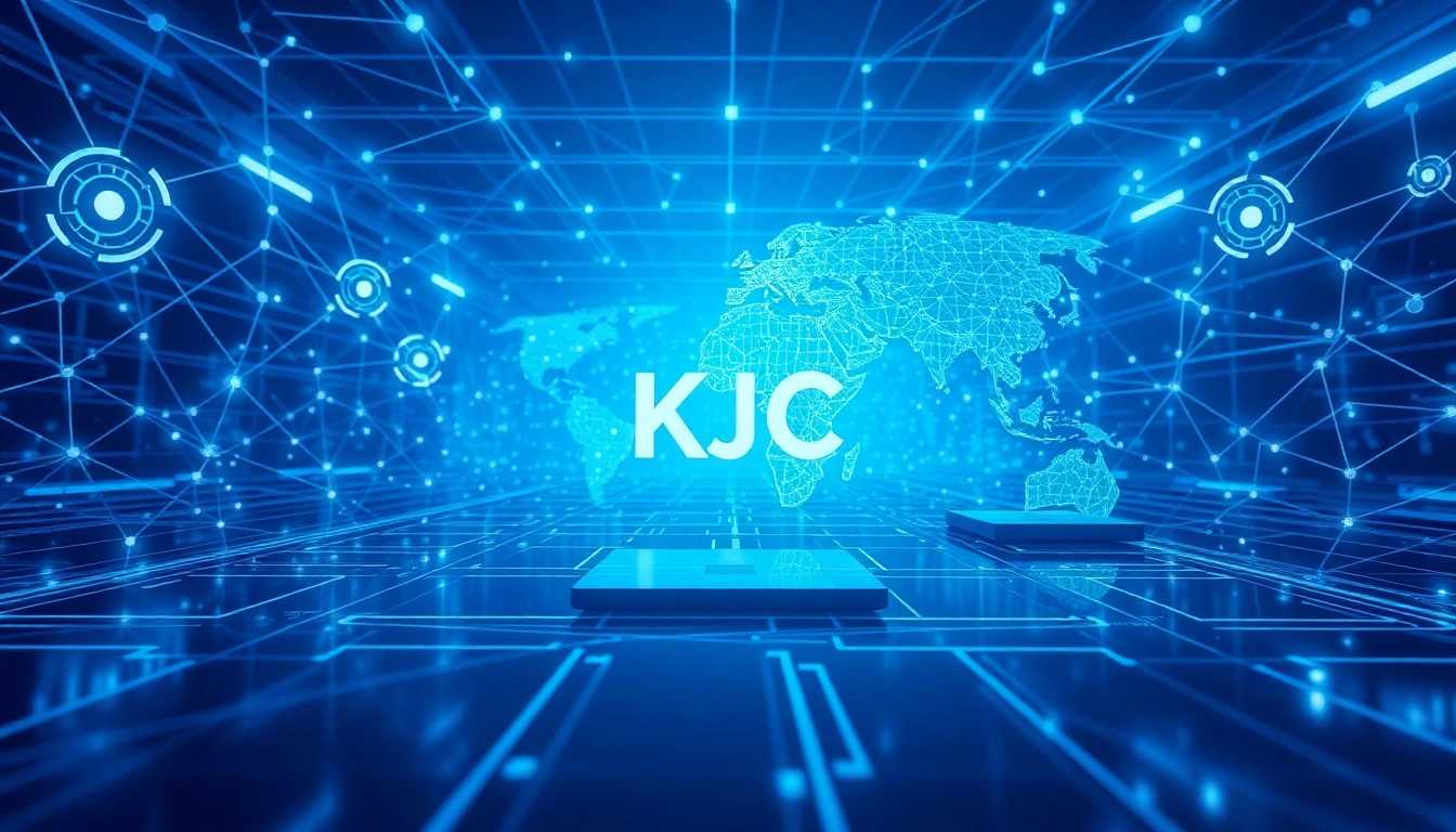 KJC logo with dynamic digital interface showcasing a global online entertainment ecosystem, emphasizing innovation and connectivity for accessibility and growth.