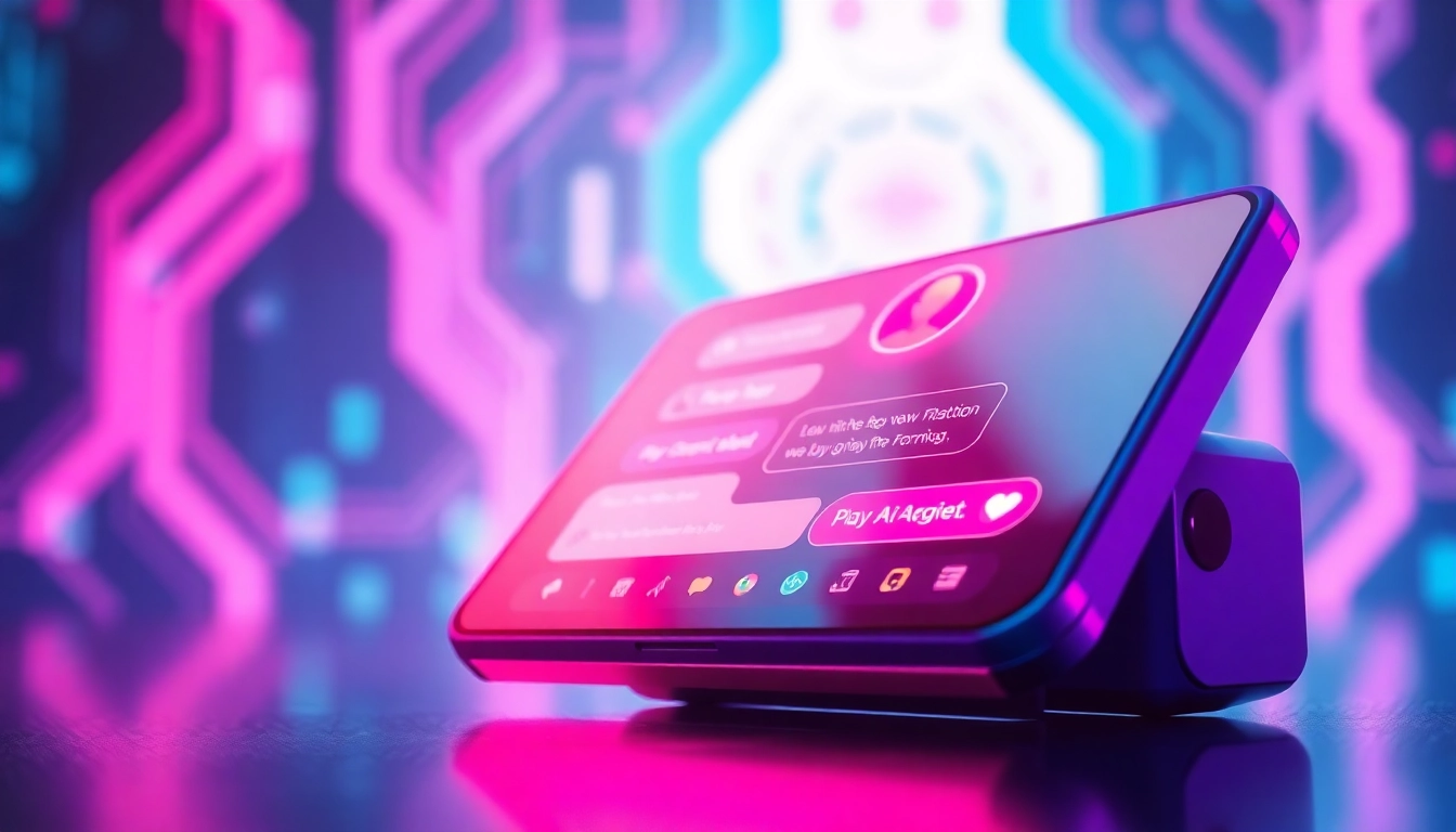 Futuristic chatbot interface on a digital screen with vibrant neon colors and AI character avatar