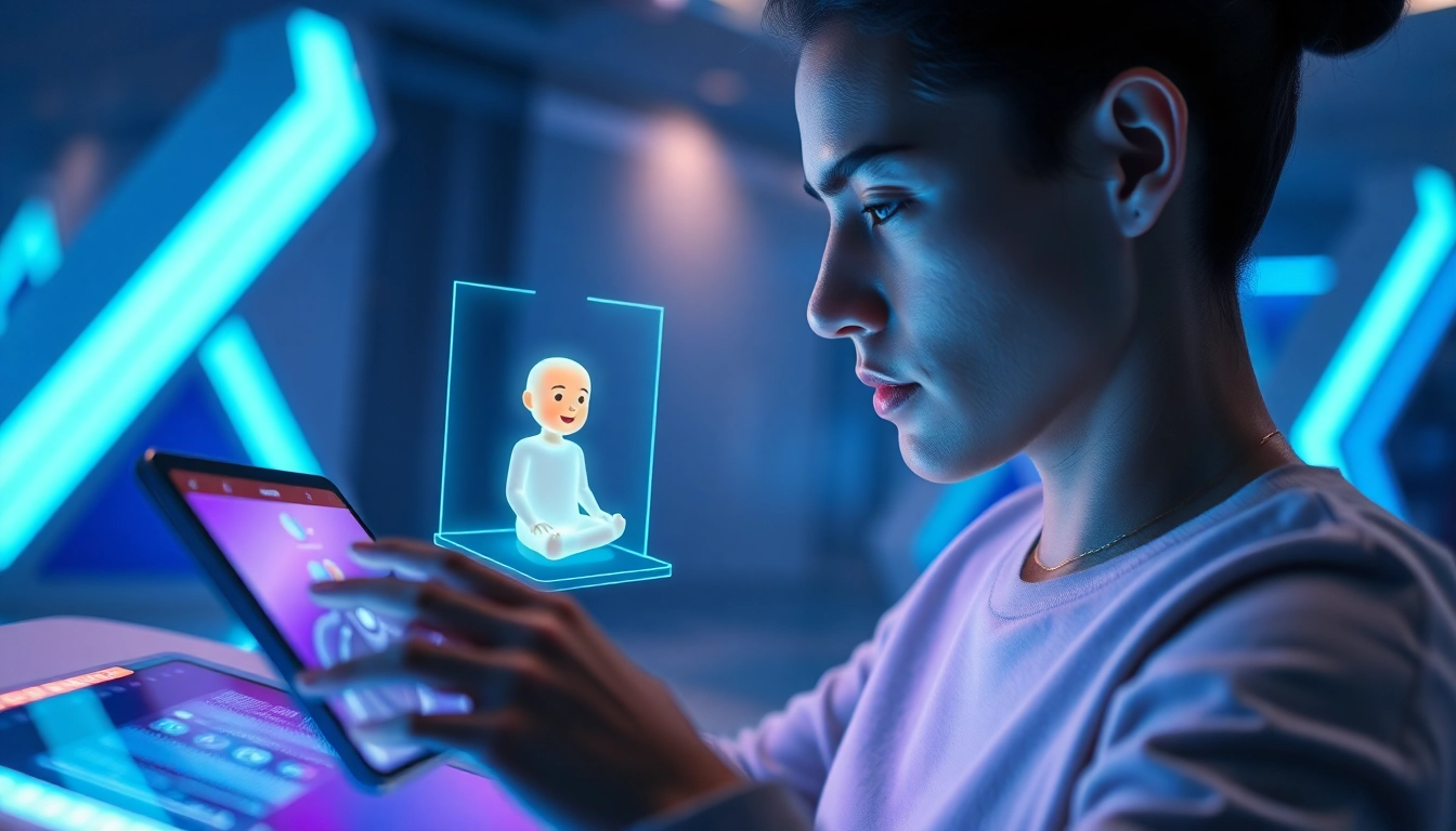 A person engaging with a luminous holographic AI character on a futuristic device in a high-tech environment.