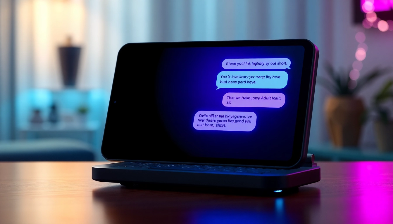 Futuristic AI chatbot interface on a dark screen with neon accents, suggesting adult conversation in a sleek, modern style.