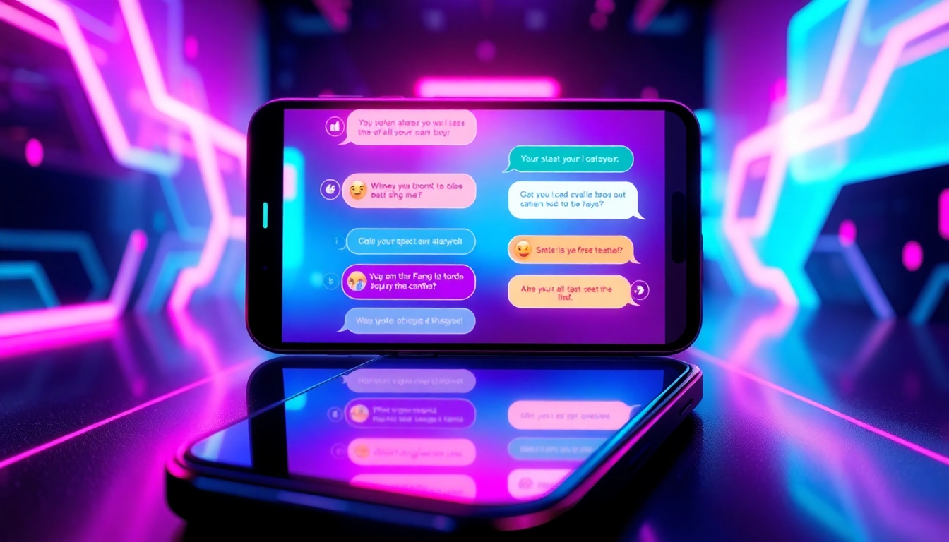 Digital illustration of a smartphone displaying a lively chat interface with colorful speech bubbles in a high-tech environment.