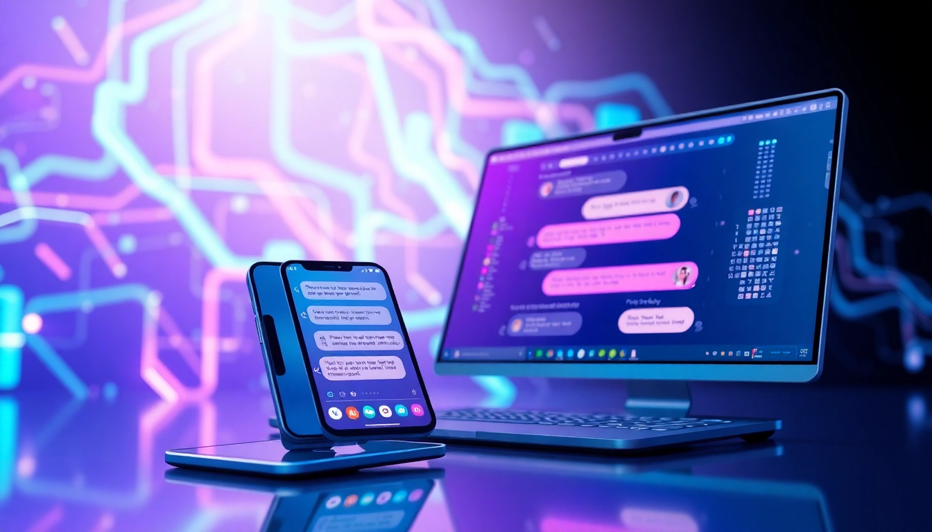 Futuristic AI chatbot interface on mobile and desktop with vibrant neon colors and digital data streams