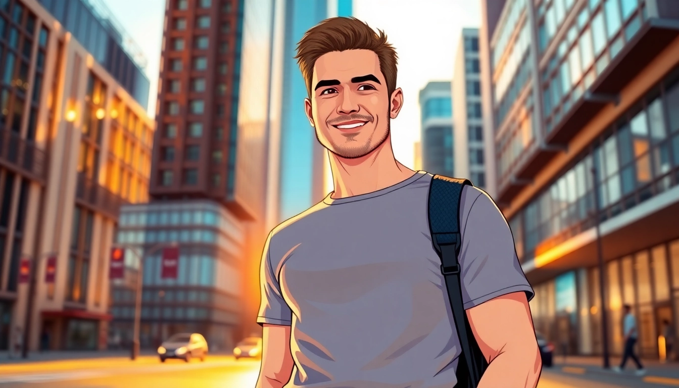 A confident man standing in an urban setting during sunset, with city buildings in the background and warm lighting.