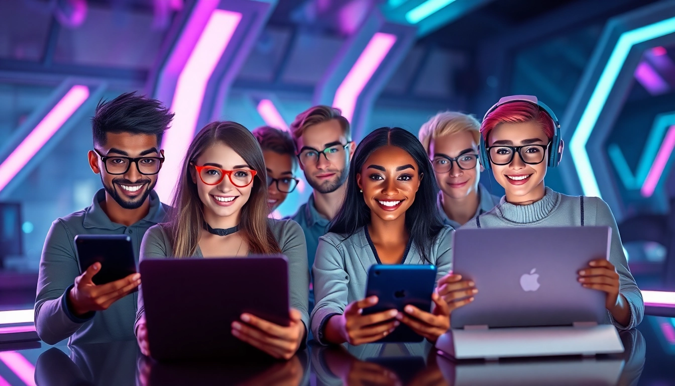 Futuristic digital scene with diverse AI characters engaging in a group chat on devices in a neon-lit environment.
