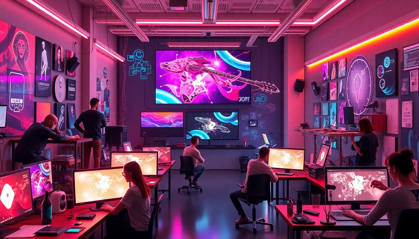 High-quality AI image generator no restrictions creating vibrant digital art in a sleek, modern studio environment, showcasing limitless creativity.