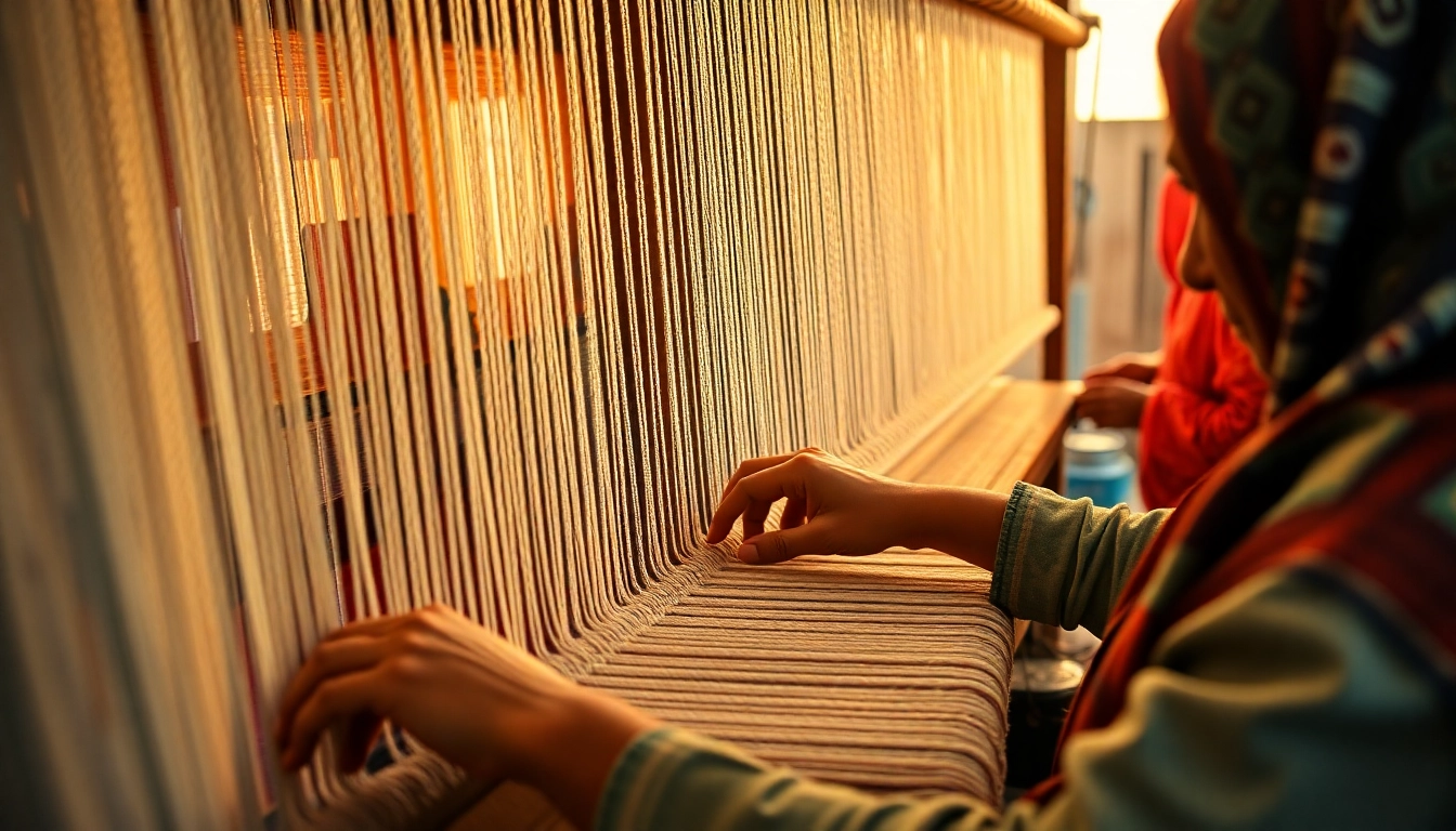 Detailed view of towel manufacturing process in Pakistan, showing weaving on looms with skilled labor and cotton yarns, highlighting craftsmanship and industry standards.
