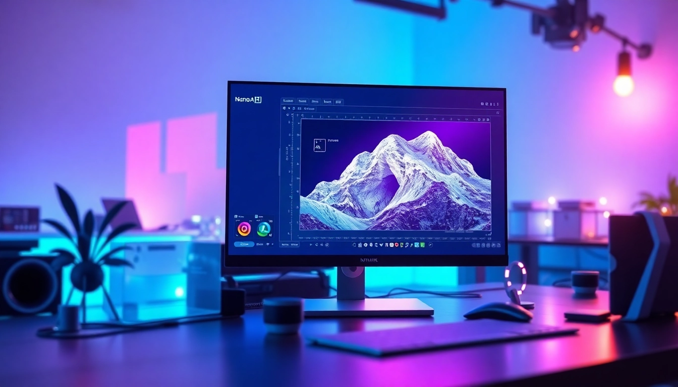 Futuristic AI image editing interface in a high-tech workspace with holographic tools and vibrant lighting