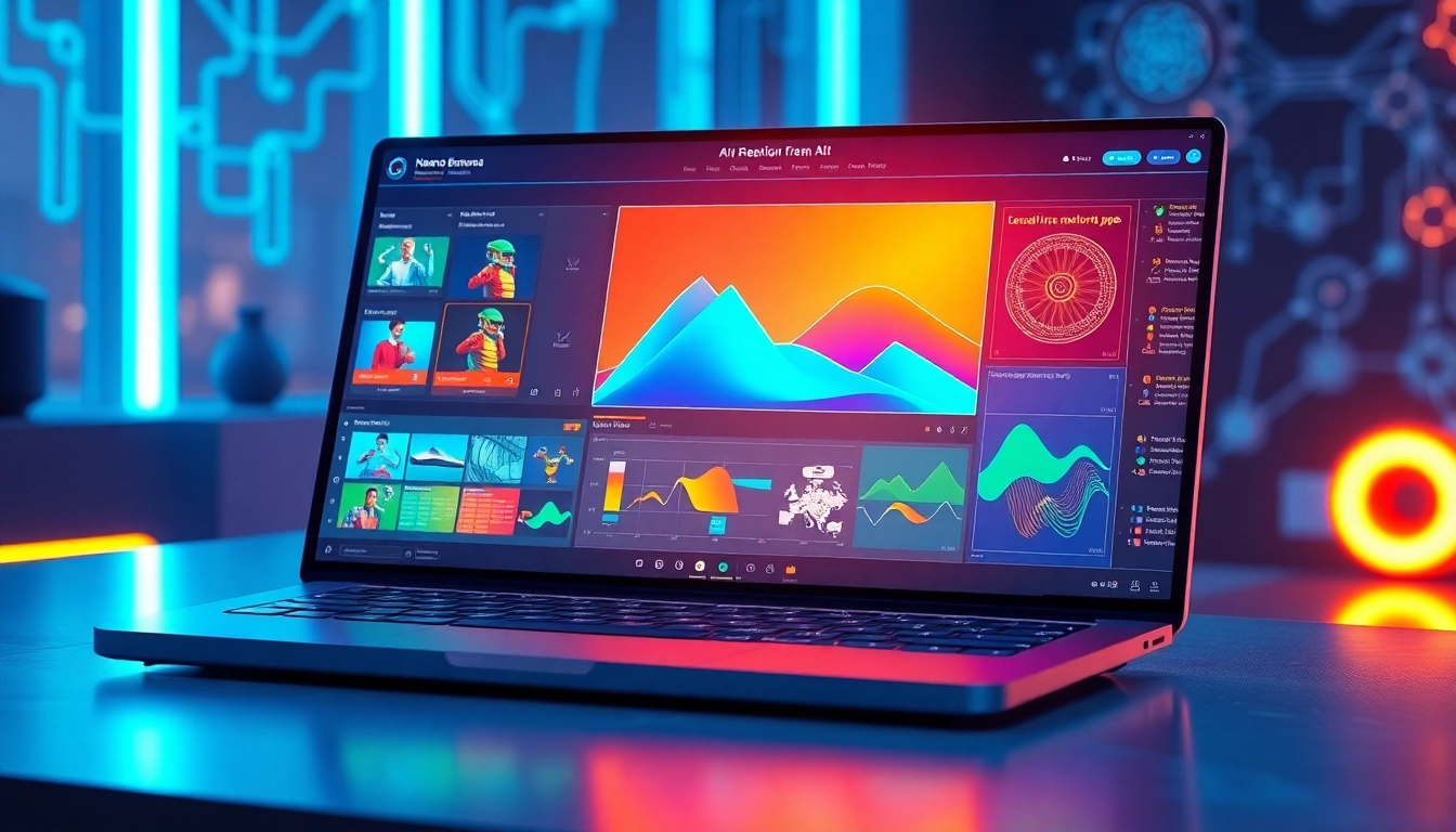 Futuristic workspace with a computer displaying Nano Banana AI's advanced image editing interface with holographic elements.