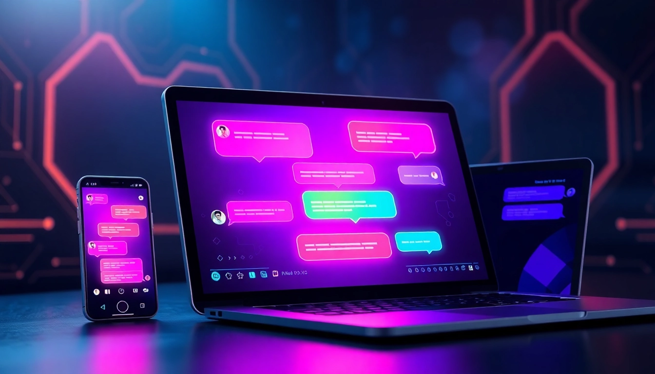 An illustration of a futuristic multi-device chatbot interface with vibrant neon chat bubbles in a dark, high-tech environment.