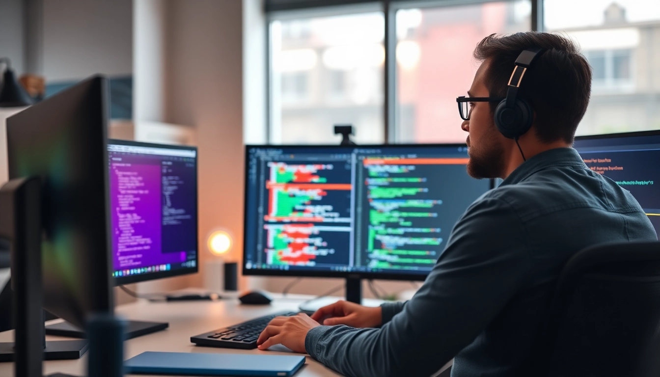 React developer working on coding projects in a sleek office environment for web application