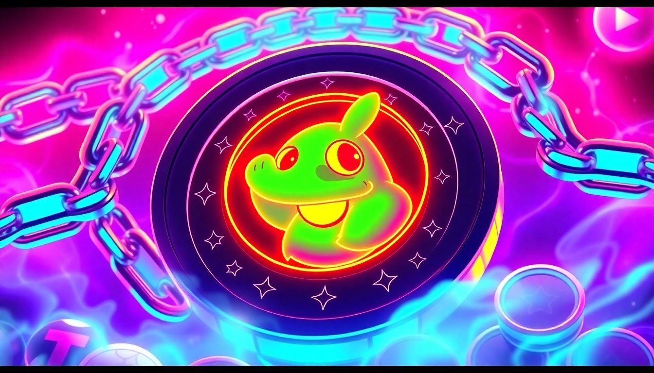 Engaging scene of a Crypto Meme Coin themed cartoon Pepe character sitting on a blockchain,