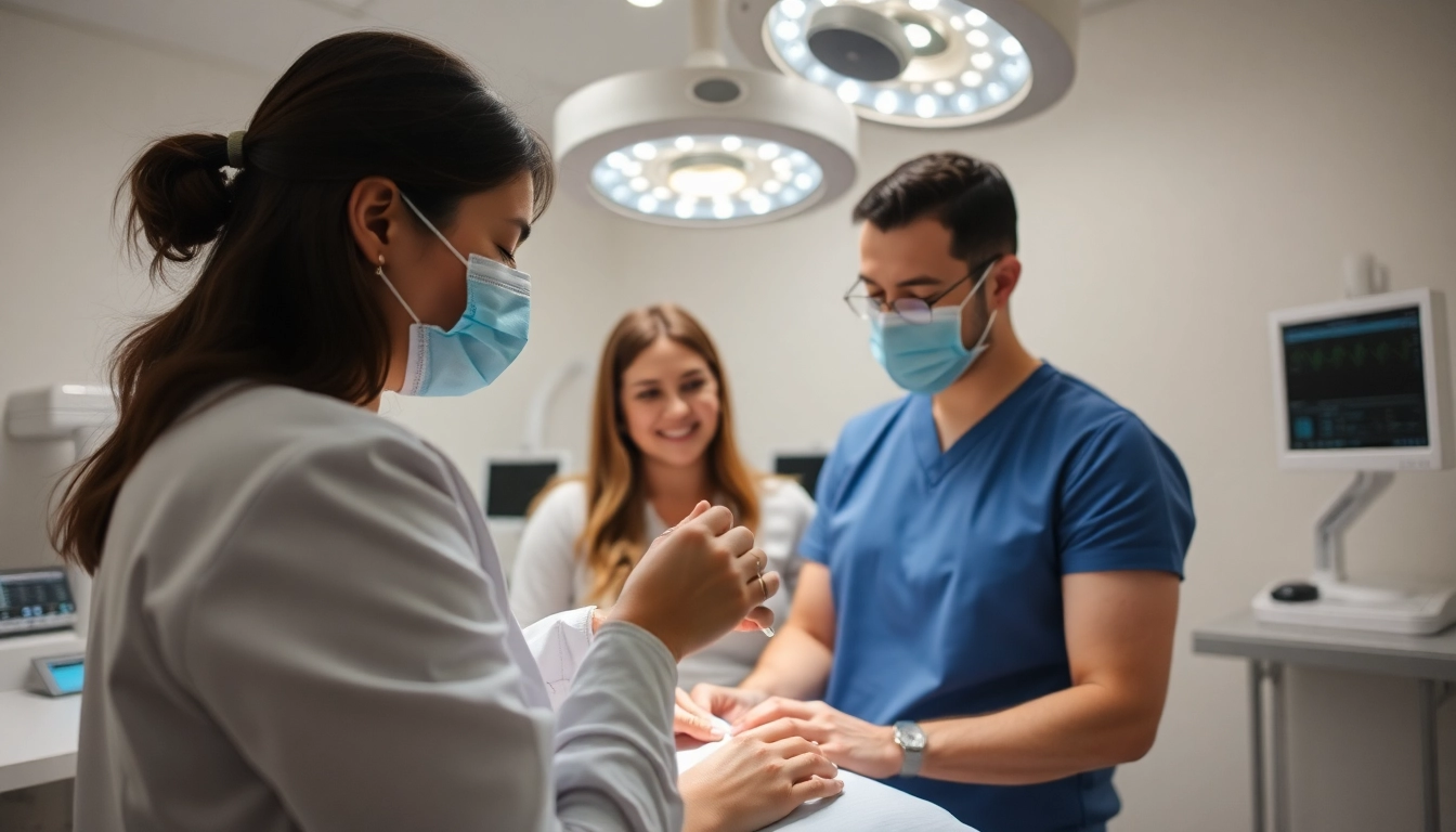 Fecondazione in vitro procedure with doctor and couple in a modern laboratory setting,