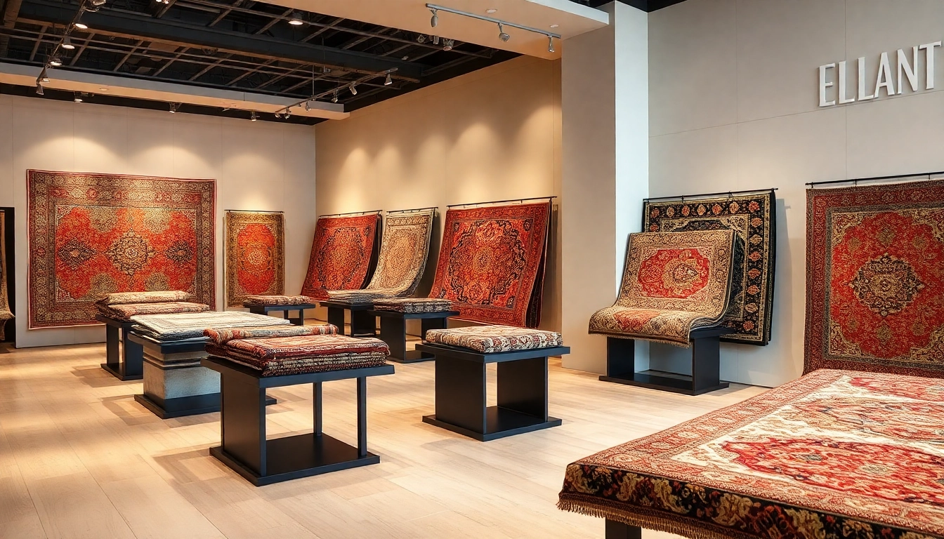 Professional looking shop showcasing Tappeti a Milano with beautiful handwoven carpets in a