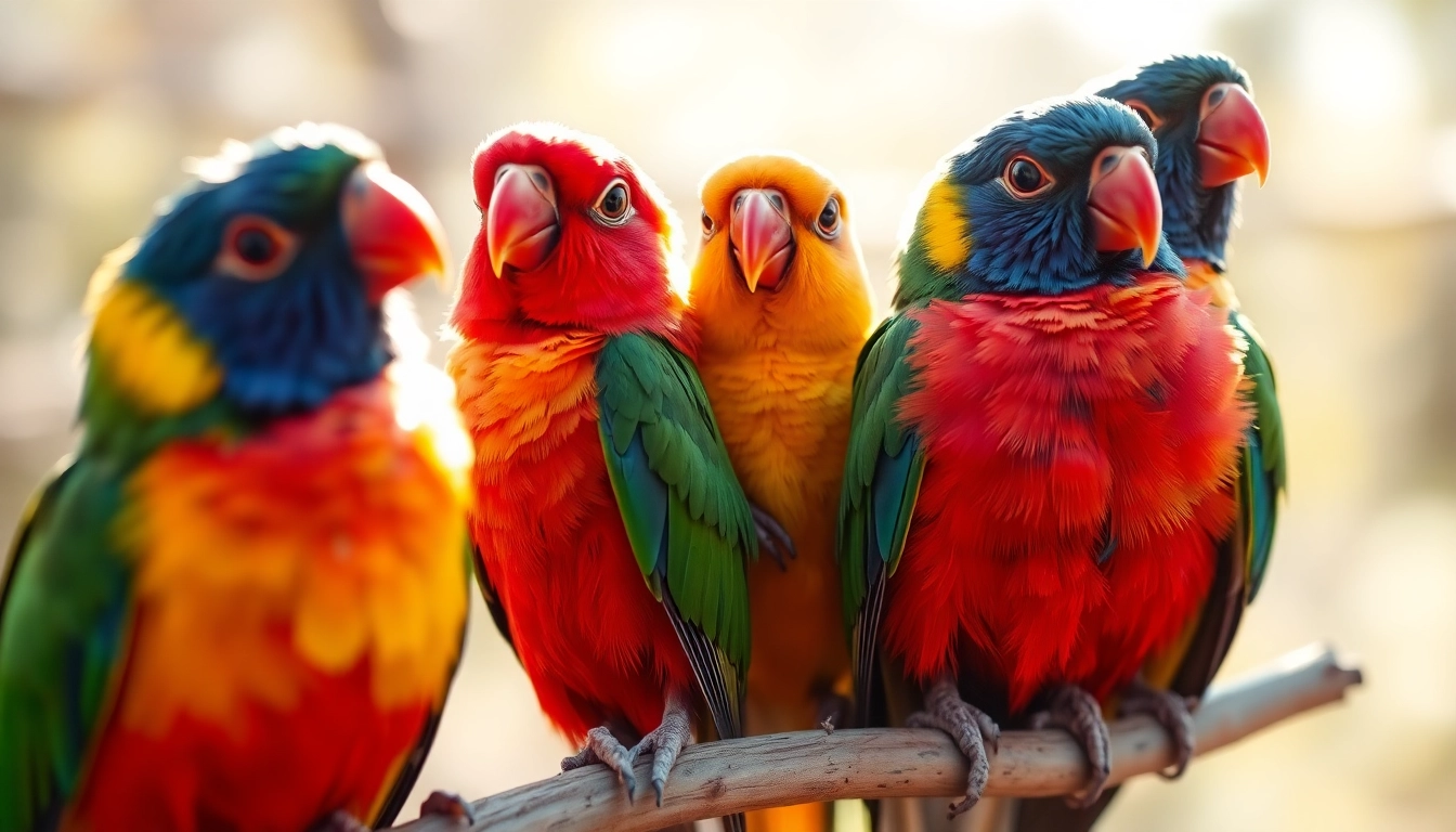 Brightly colored pet birds sitting on a branch with detailed feathers and natural light