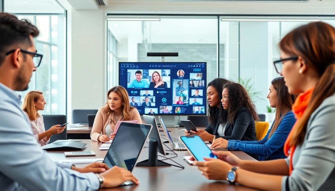 Engaged team using social sourcing platforms for talent acquisition and collaboration in a