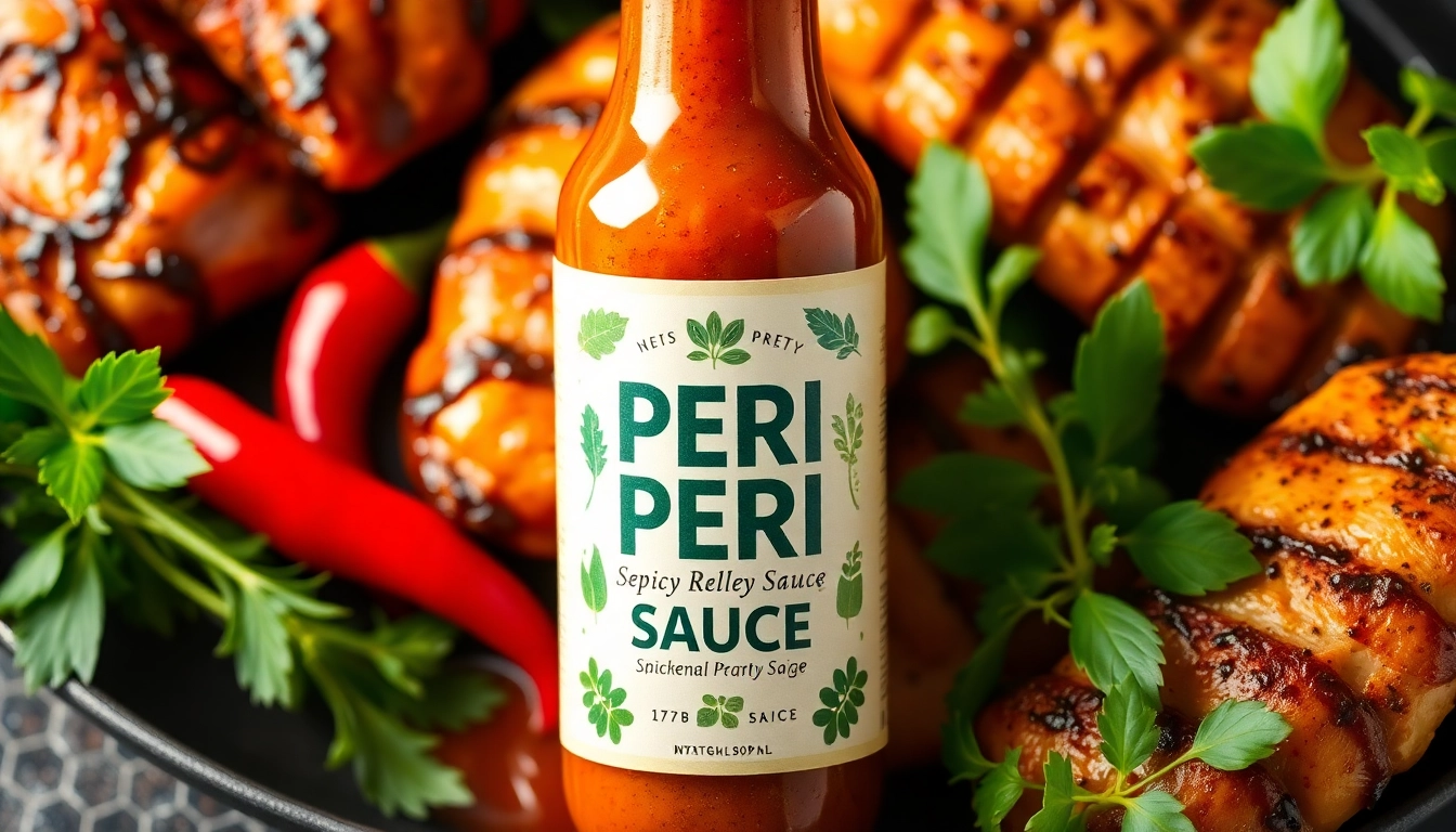 Peri Peri Sauce being drizzled over grilled chicken with fresh herbs and chili peppers,