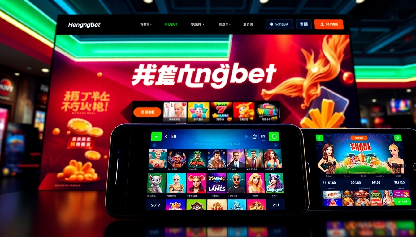 Hengongbet online casino interface with mobile and desktop screens showcasing slots and sports
