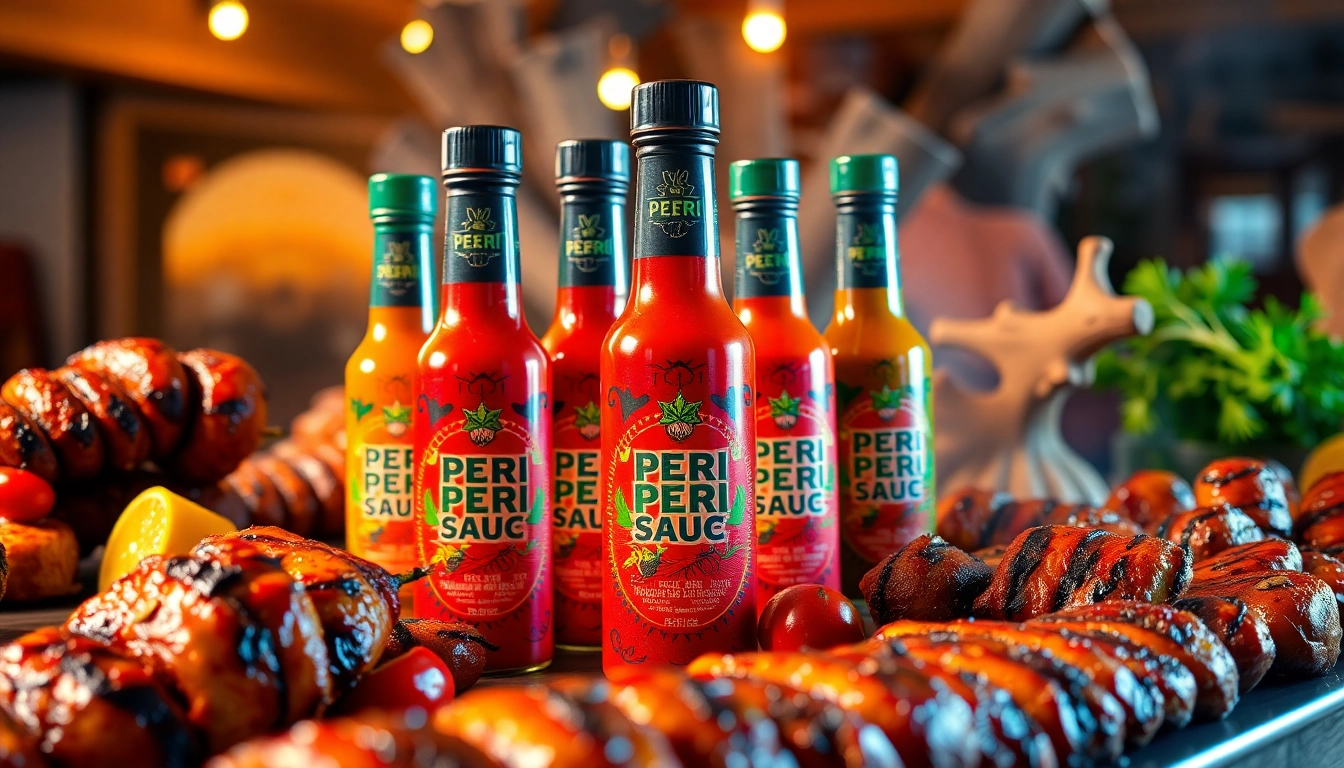 Vibrant Peri Peri Sauce bottle placement with grilled chicken and vegetables for bold flavor